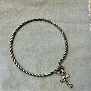 Silver Tone Twisted Rope Bracelet with Cross Charm Religious Christian Jewelry